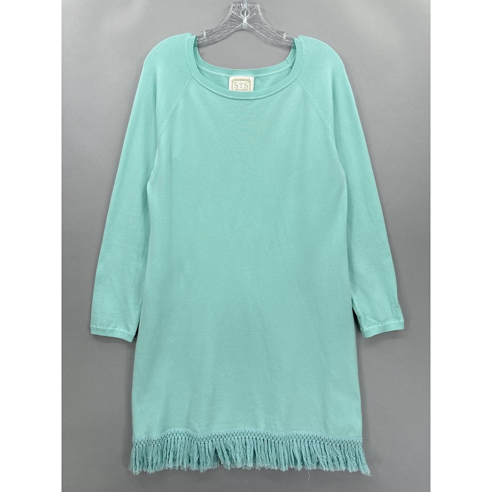 Sail to Sable Sweater Dress Womens Large Aqua Fringe Hem‎ 3/4 Sleeve Boho Knit